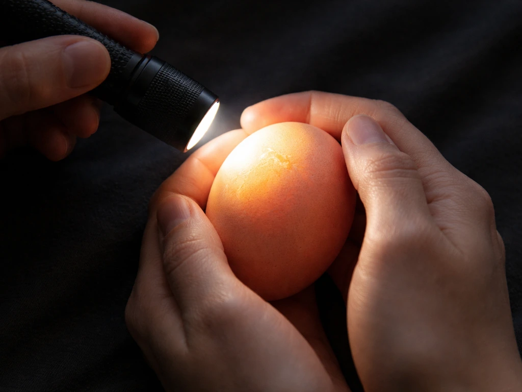 Hands holding a narrow-beam LED flashlight over an egg in a darkened setup for candling.
