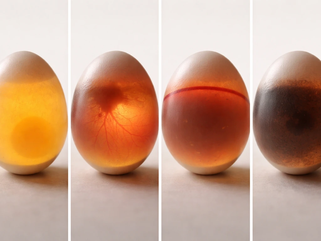 Four close-up egg candling panels showing clear, developing veins, a blood ring, and dead-in-shell appearance.