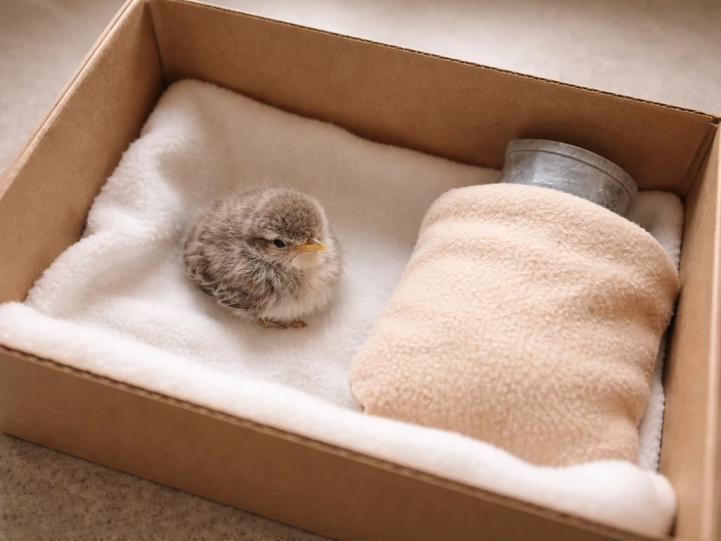 Overhead view of a tiny baby bird resting in a lined box with a covered warm heating source nearby.