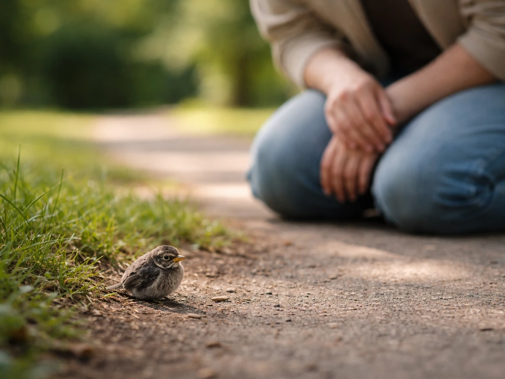 Caregiver standing a few steps away, scanning a baby bird on the ground for injury, cold, and bleeding.
