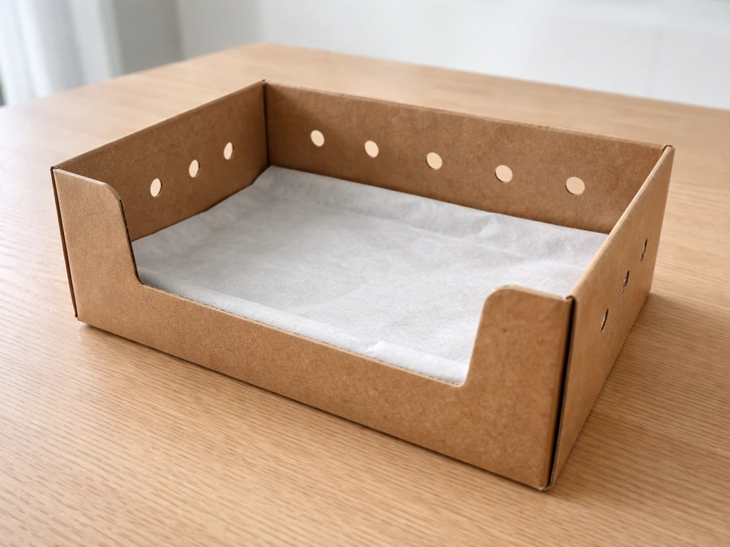 Close-up of a small cardboard bird container with side ventilation holes and a fitted safe liner inside.