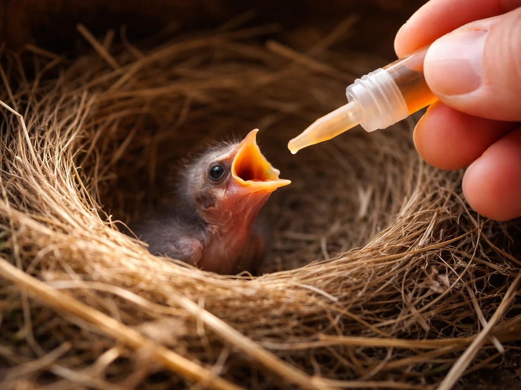 Caregiver’s hands gently feeding a nestling with a soft dropper inside a twig nest.