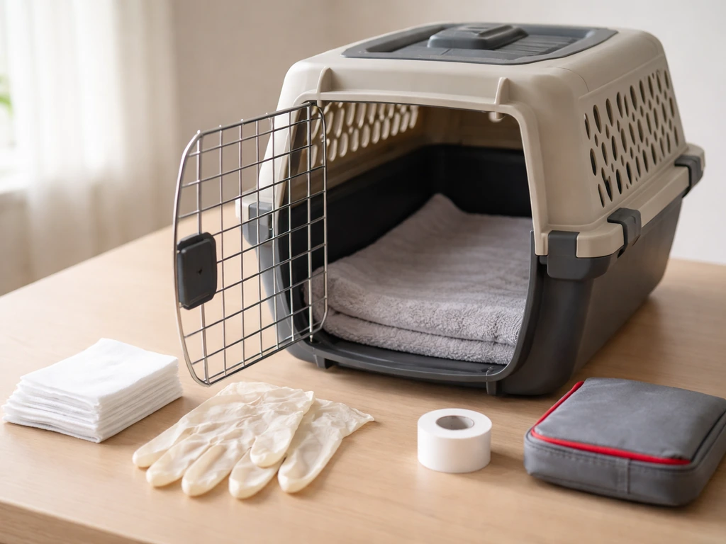 Staged wildlife emergency kit with gauze and gloves beside a transport carrier, suggesting when to seek help