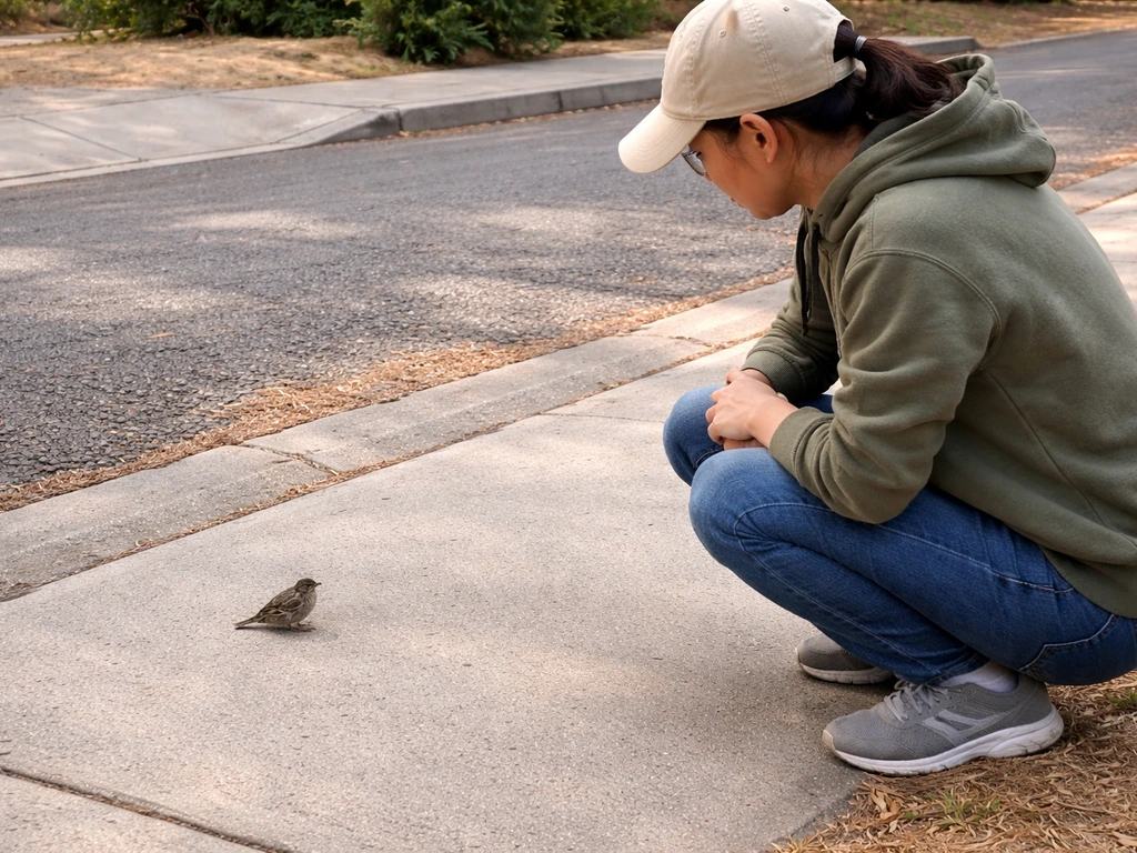 Person in casual clothes keeps distance while checking surroundings near a small bird on the ground.