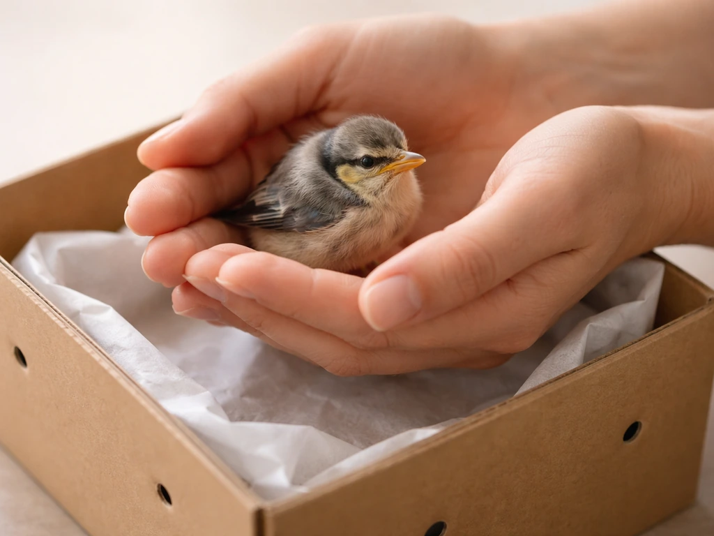 Gently cupped fledgling being placed into a cardboard box lined for safe containment.
