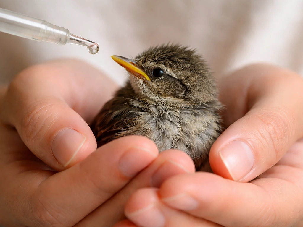 Close-up of a small fledgling being gently held, turning away from a droplet and dropper tip