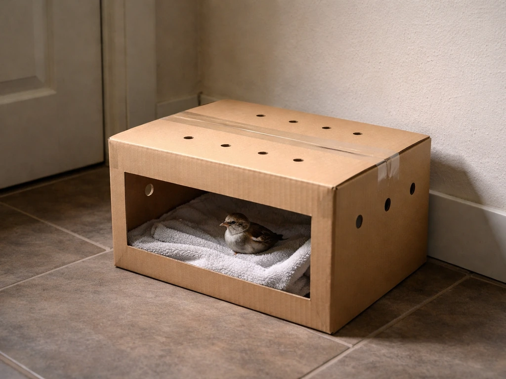 A small bird in a ventilated box setup in a quiet dim indoor room away from people and pets