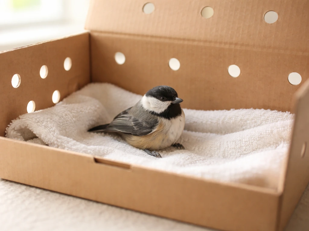 Small wild bird resting calmly inside a ventilated temporary recovery box lined with soft fabric.