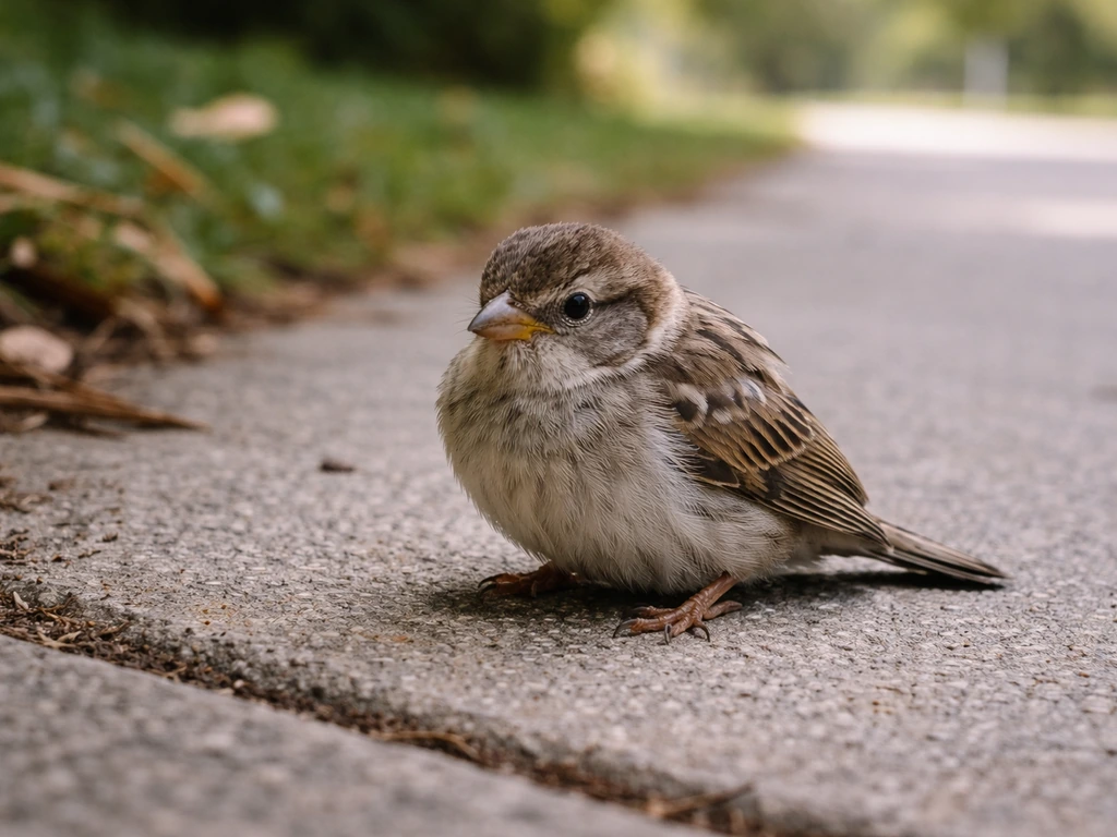 Small wild bird on a sidewalk, one wing slightly tucked, alert but unable to fly away