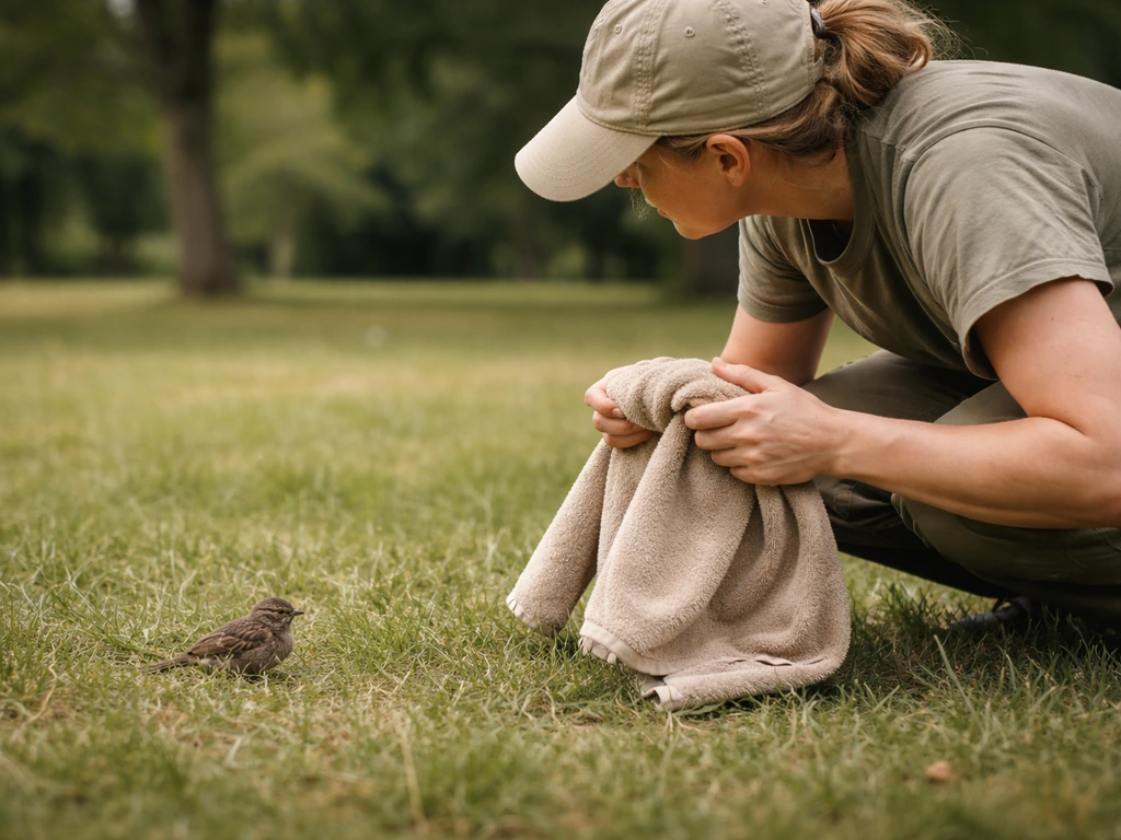 Person crouches low outdoors and gently approaches a small bird on the ground with a towel