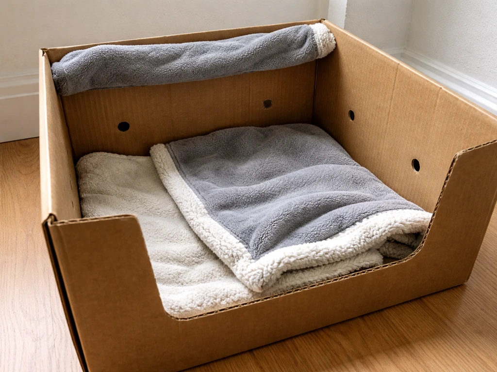 Ventilated cardboard box lined with towel and fleece, set up as a warm temporary space