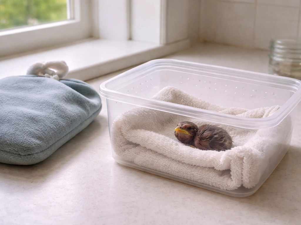 Humane rescue setup showing a ventilated box with a featherless hatchling nestling and gentle warmth source.