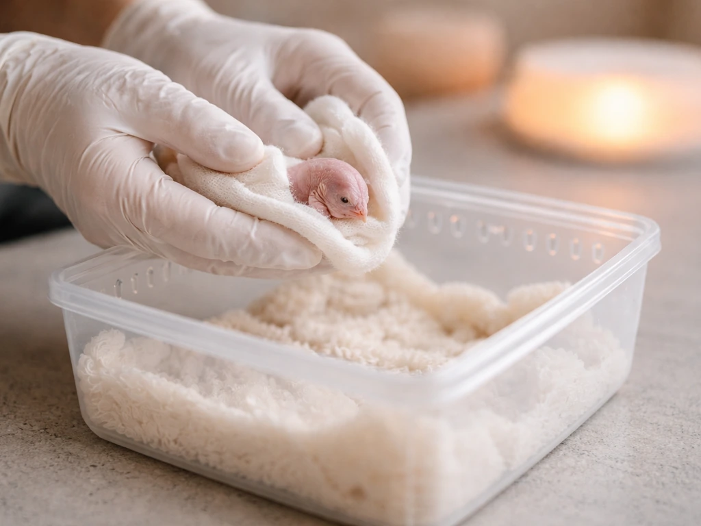 Person gently places a tiny hatchling into a small ventilated container with a soft cloth