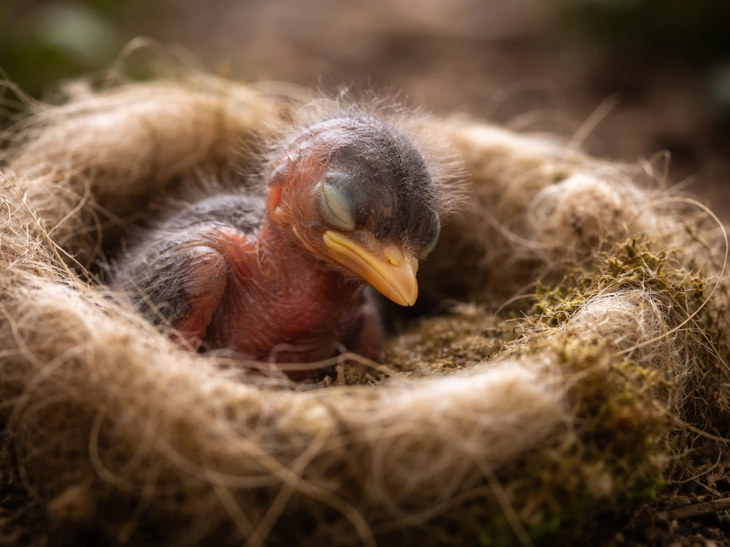 Baby bird hatchling with eyes closed resting in a small nest lined with soft fibers