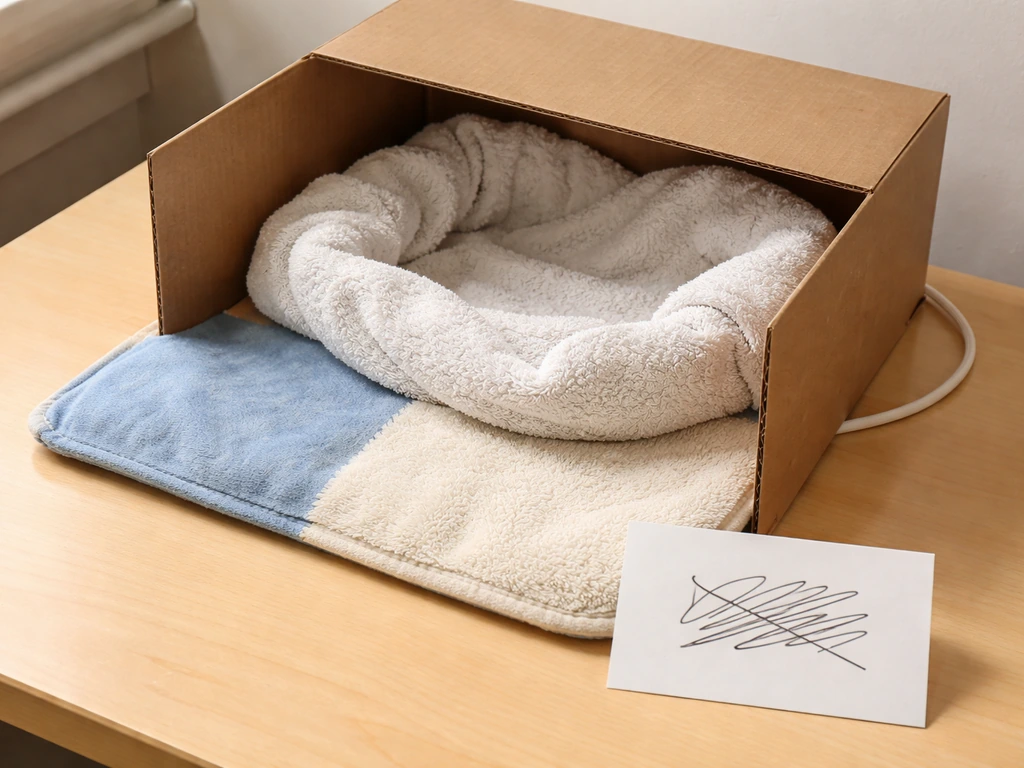 Warmth setup under a small box for an injured bird, with heat pad and no liquids visible