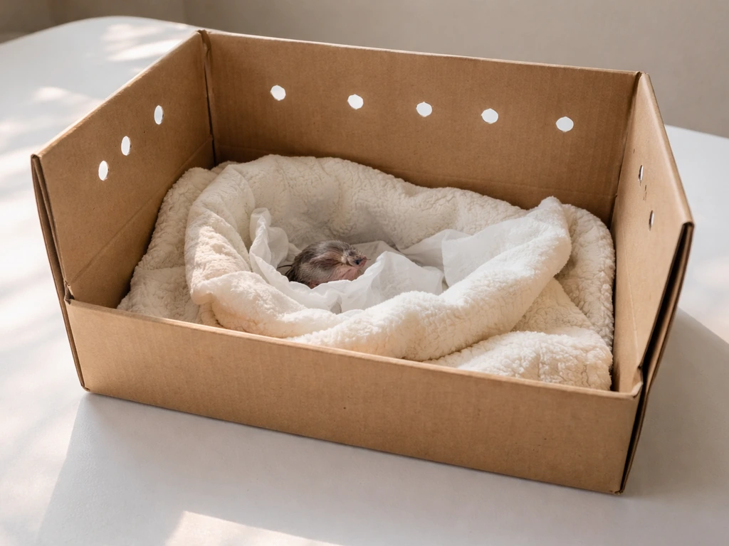 Shoebox-style temporary pet home with punched ventilation holes and lined bedding, plus a shallow paper towel cup.