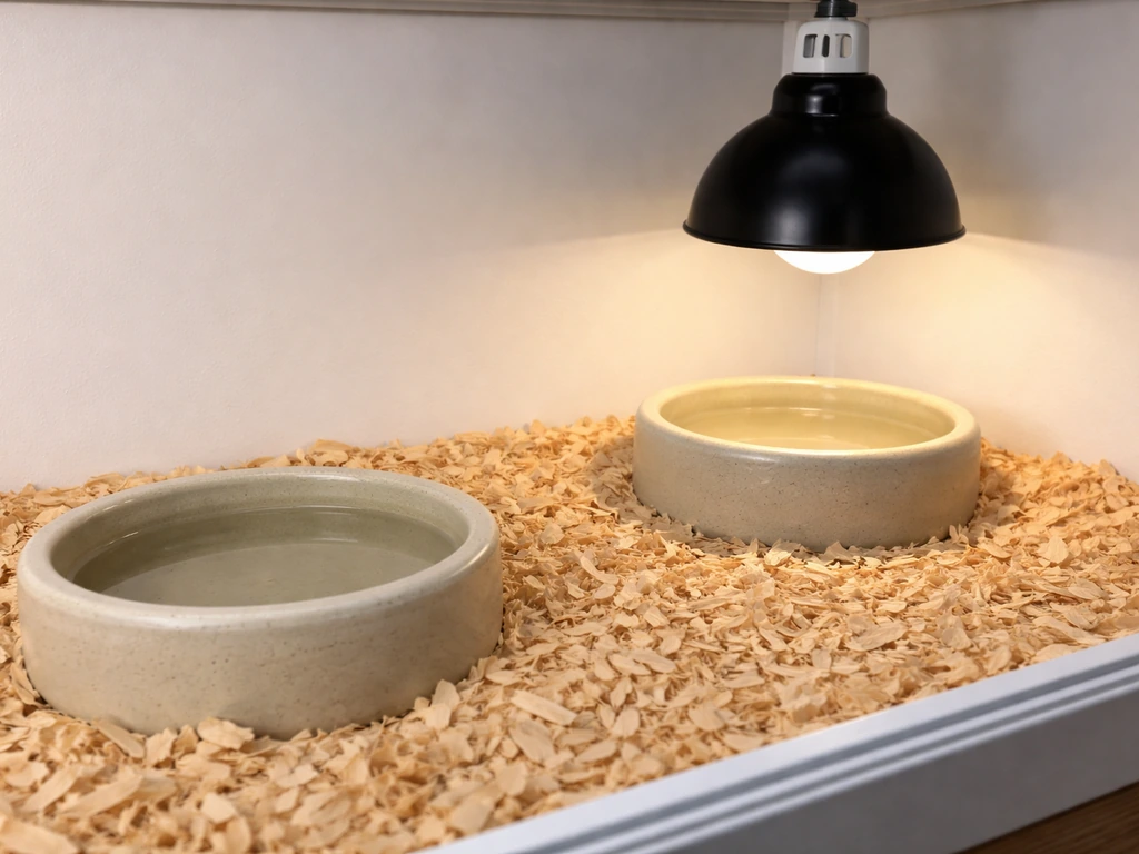 Close-up of a small reptile enclosure with safe warmth setup and a secure water bowl, no harmful items.