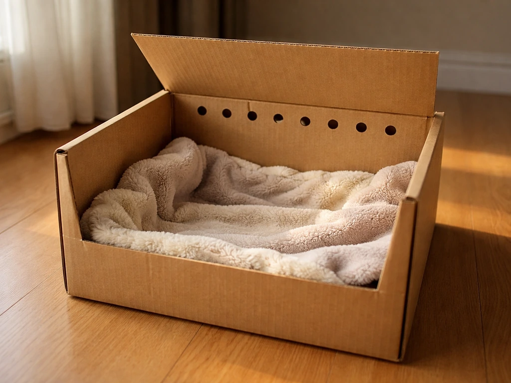 A cozy, ventilated cardboard box lined with soft warm bedding, ready as a safe bird setup.