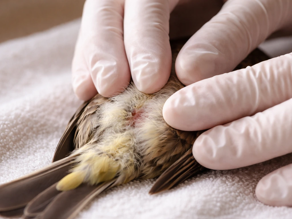 Gloved fingertips gently stroking a small bird’s lower abdomen over the vent area.