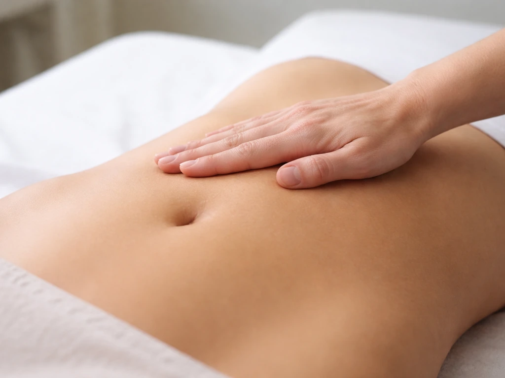 Gentle flat hand contact on the abdomen with no tools or fingers near the vent/opening.