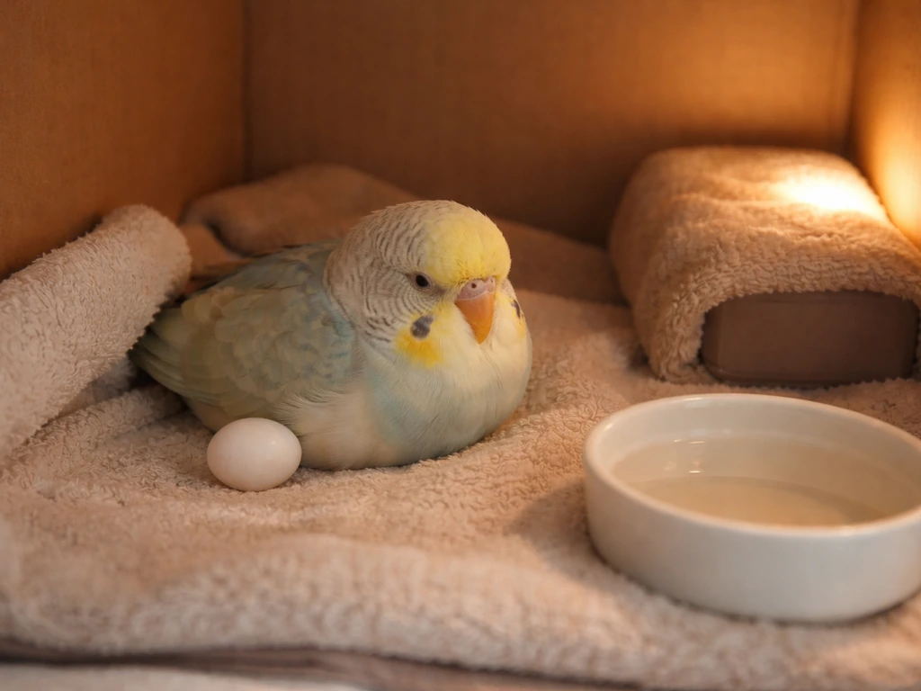 Calm small bird resting in a simple warm, dim enclosure with soft bedding, water dish, and safe heat source.