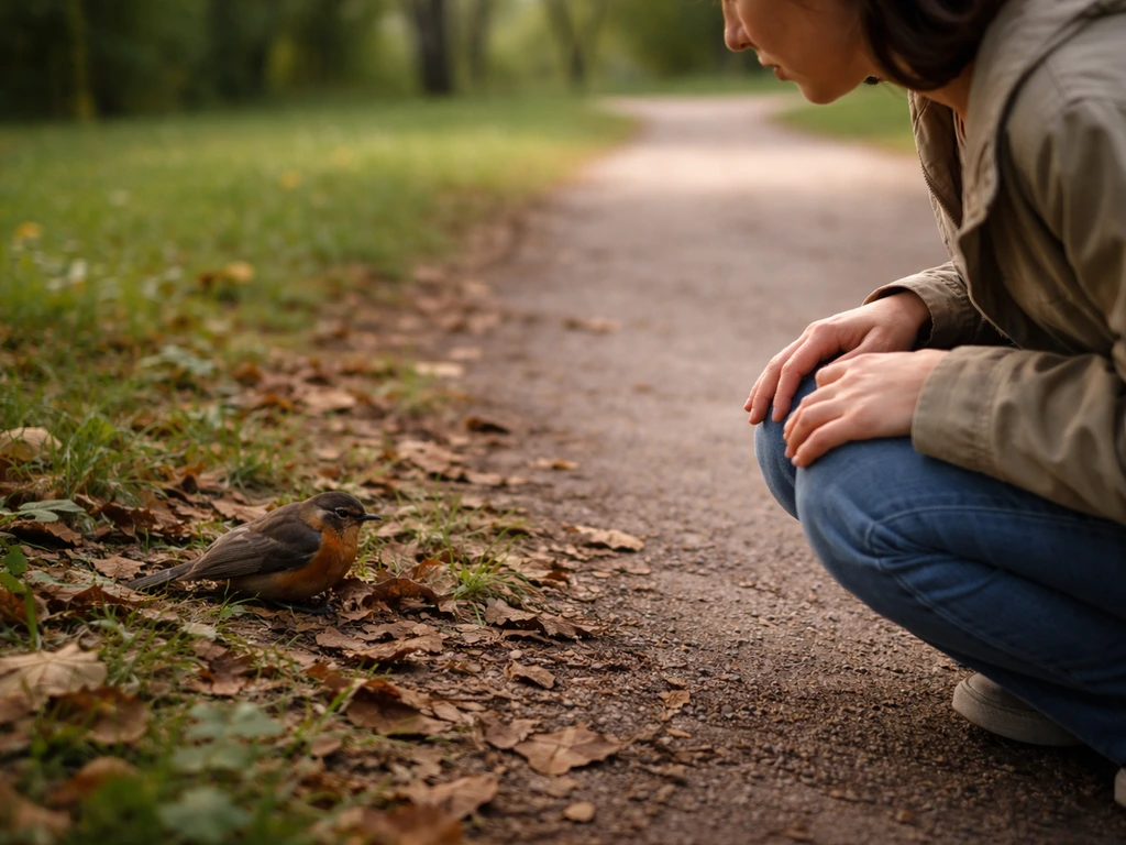 A person kneels and calmly observes an injured wild bird from a safe distance, hands held back.