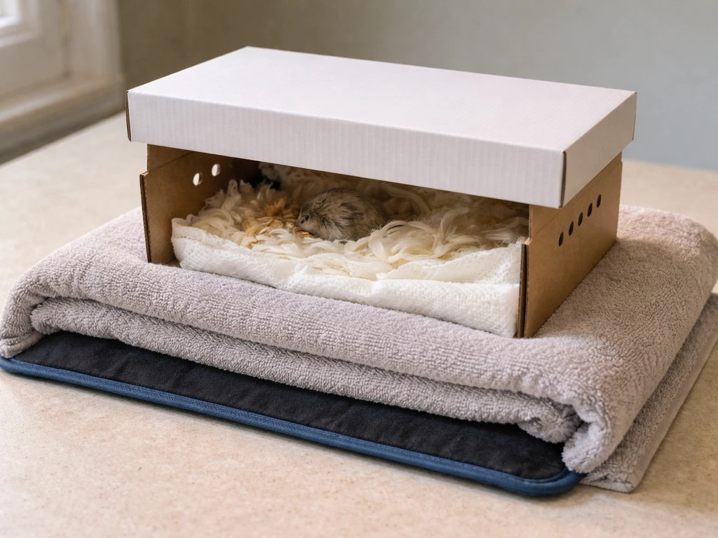 A ventilated shoebox on a towel over a heating pad, gently warming one end with a safe, hidden bird