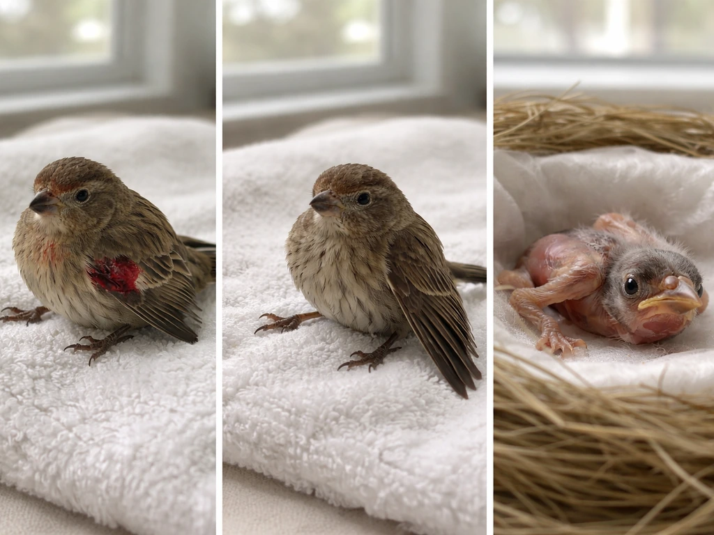 Three side-by-side scenes of an injured bird, a drooping-wing bird, and a featherless baby bird.
