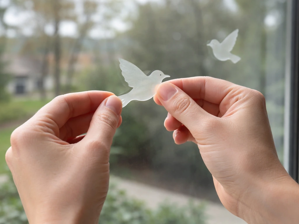 Hands applying bird-safe window decals to a large glass window in natural light