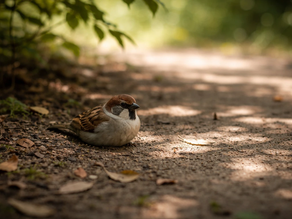 Small bird resting in dappled shade under a tree, away from direct sunlight.