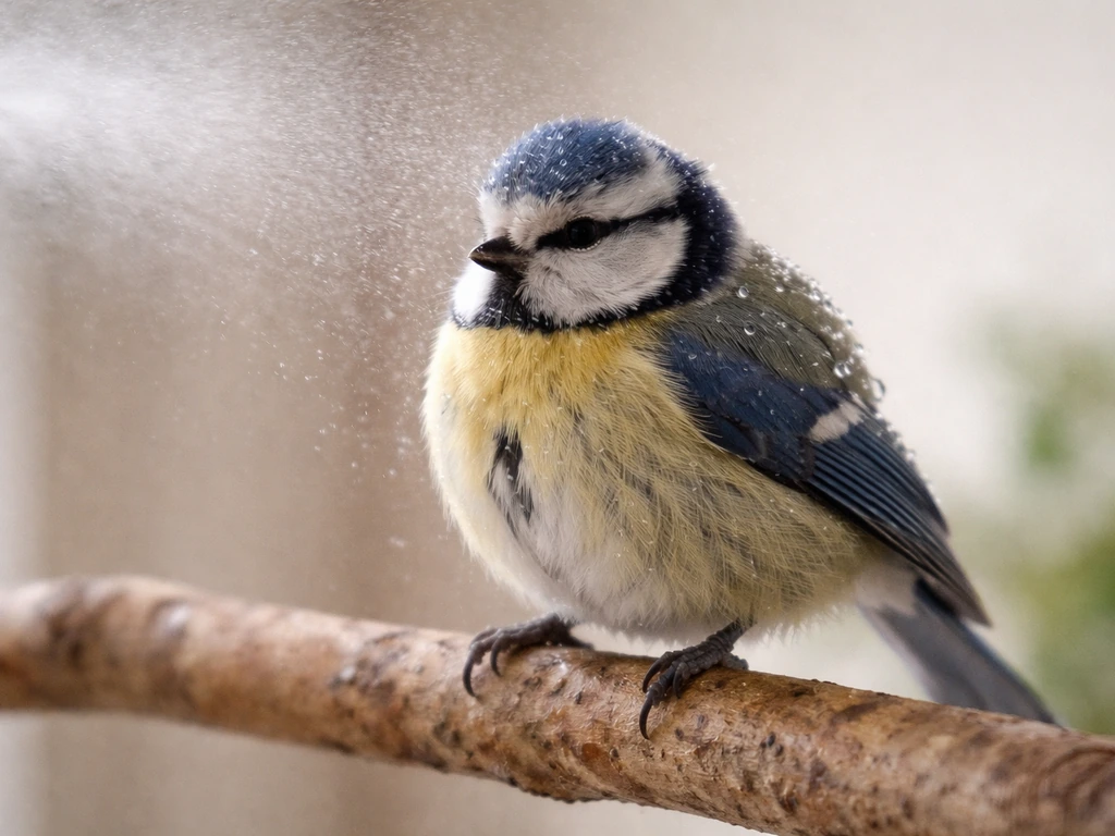 Close-up of a small bird’s feathers lightly misted with room-temperature water droplets