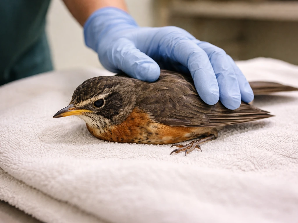 Gloved wildlife handler monitoring an injured bird’s breathing on a towel in a quiet rescue room.