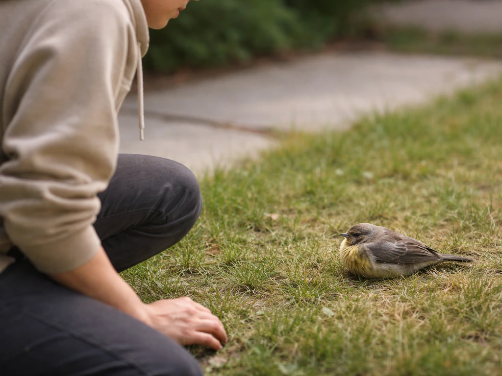 Person kneels at a safe distance, calmly assessing an injured wild bird on the ground
