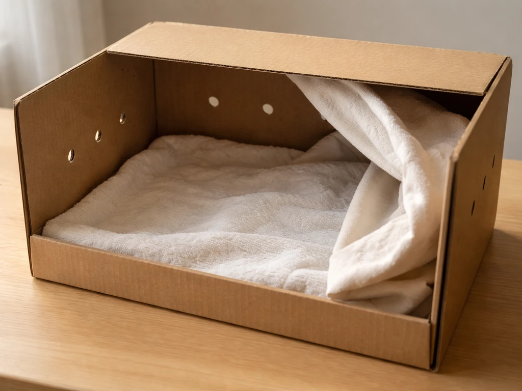 Cardboard box temporary enclosure lined with soft bedding, warm covered corner, and small ventilation holes