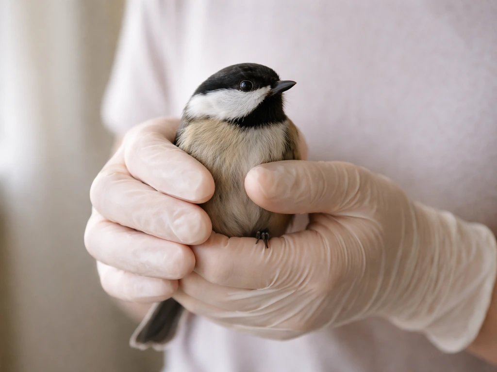 Person wearing thin gloves gently holding a small bird for a brief check, minimal controlled handling
