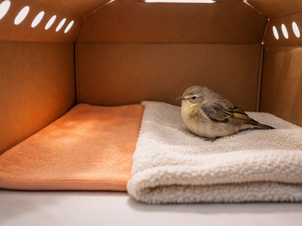 Warm first-aid setup for a cold bird in a small box with a heating pad under half the container