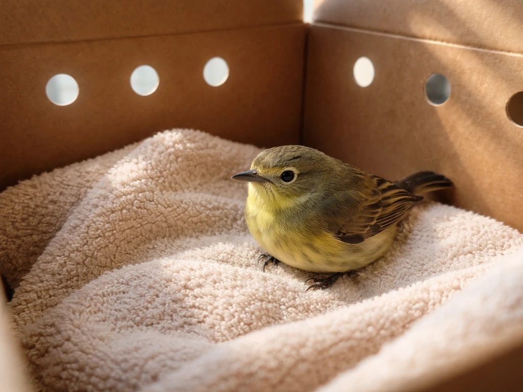 Small songbird calmly resting in a lined ventilated cardboard carrier with a towel