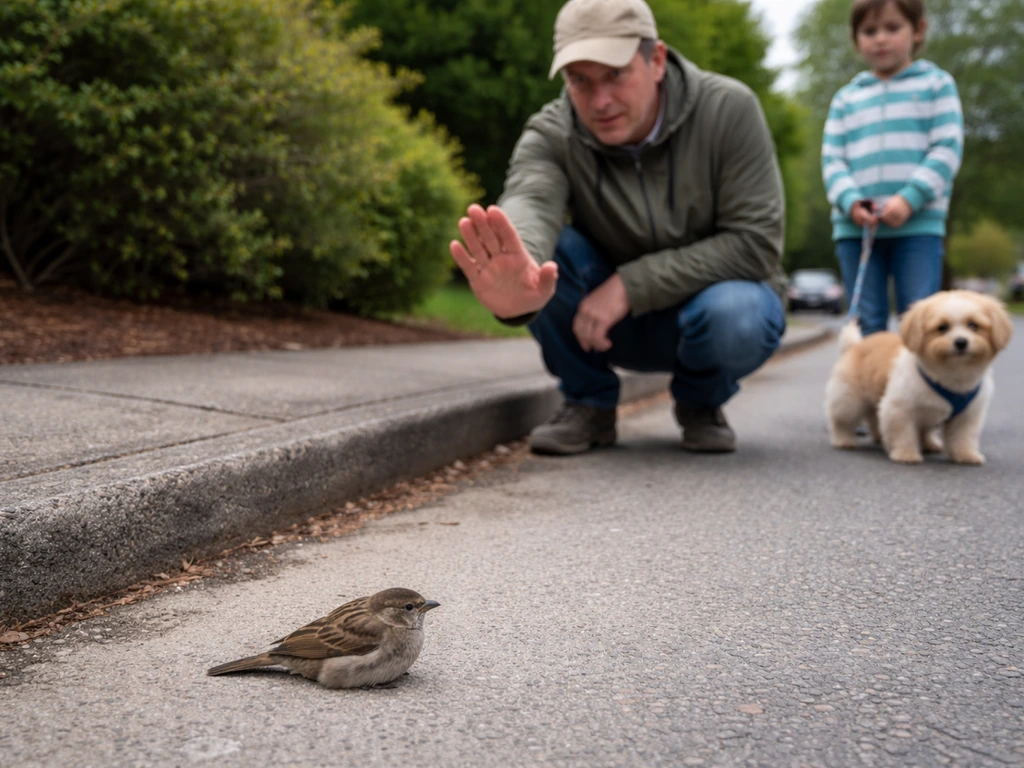 Adult keeps a leashed dog and child back while a sick wild bird lies on a sidewalk nearby.
