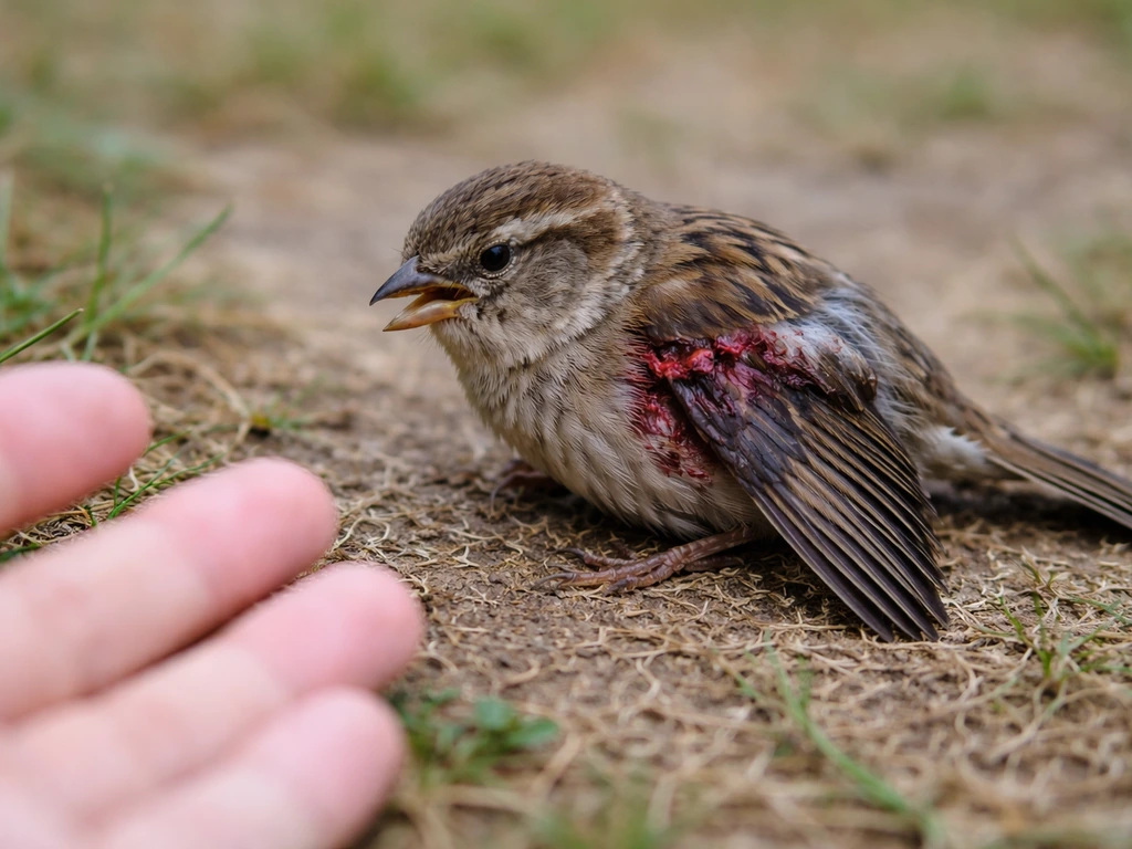 Injured small bird on the ground with bleeding wound and drooping broken wing, person kept at a safe distance.
