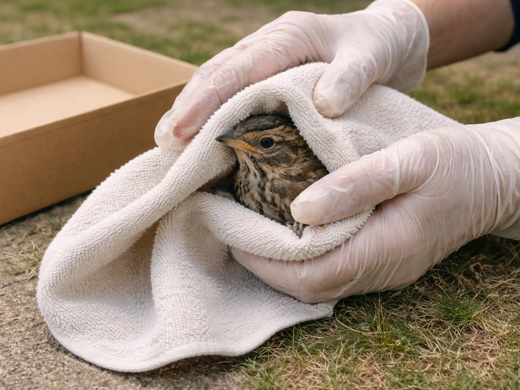 Gloved hands gently covering an injured wild bird with a light towel in a small box