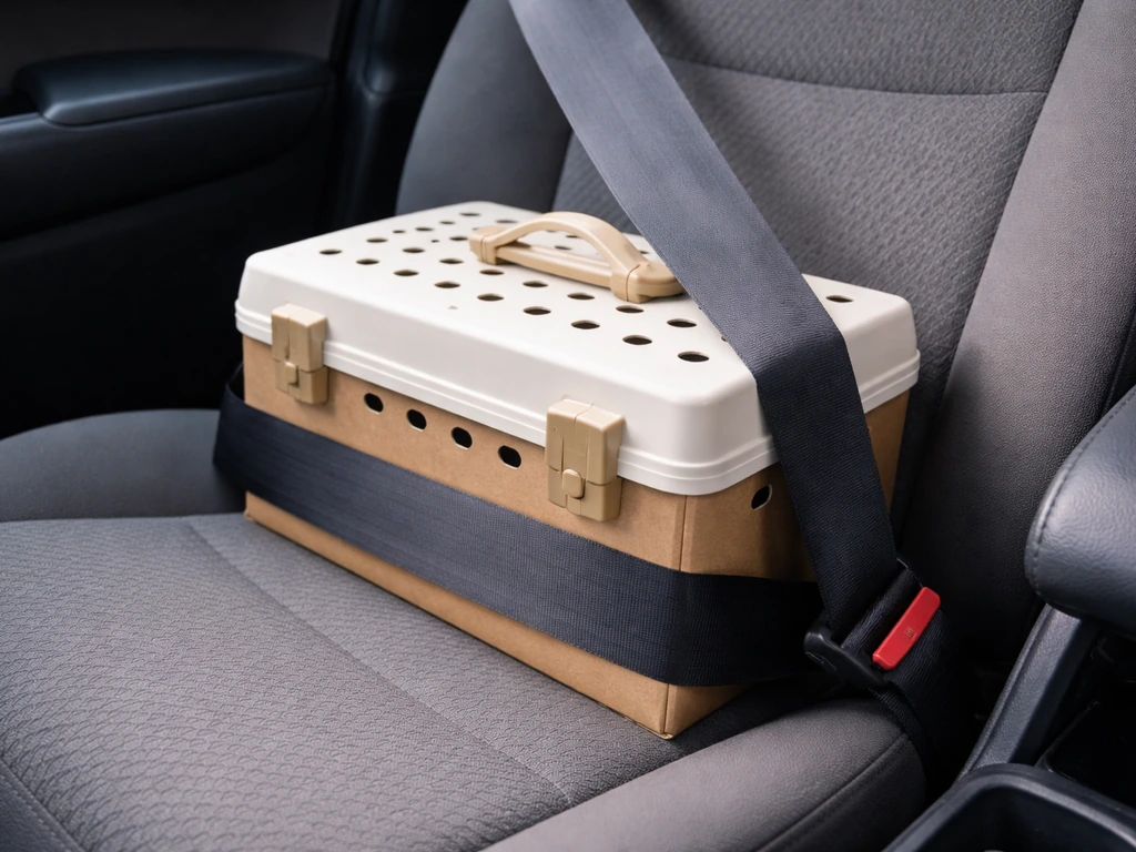A secure pet bird transport box with lid closed and ventilation visible inside a car passenger seat area.