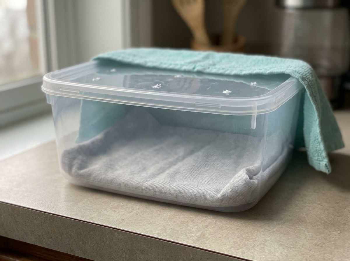Makeshift container with air holes and soft cloth lining for a hatchling bird