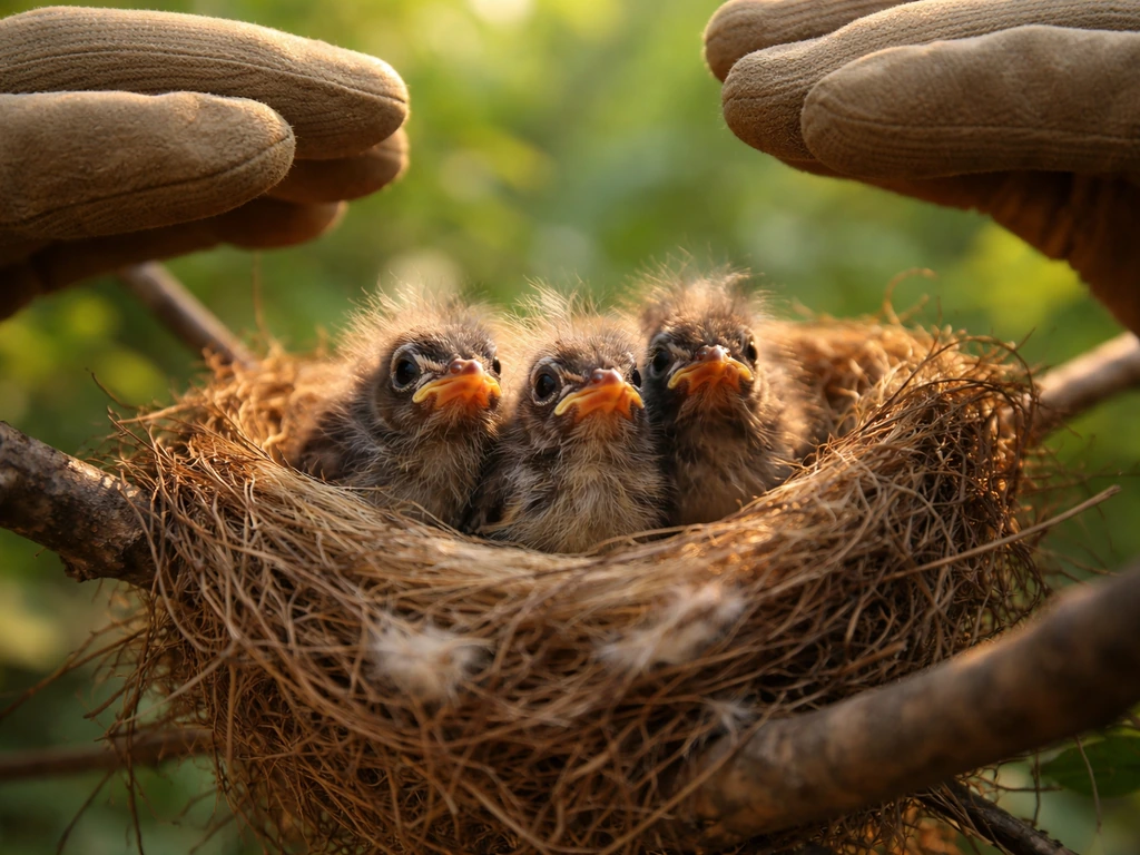 Newly hatched bird chicks in a nest with soft warmth as gloved hands hover nearby safely