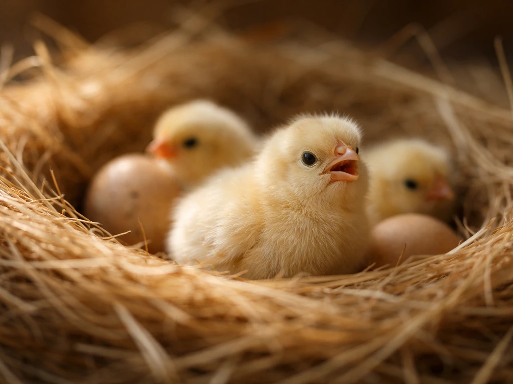 Close-up of newly hatched chicks in a nest, one chick gaping and twitching while others rest.