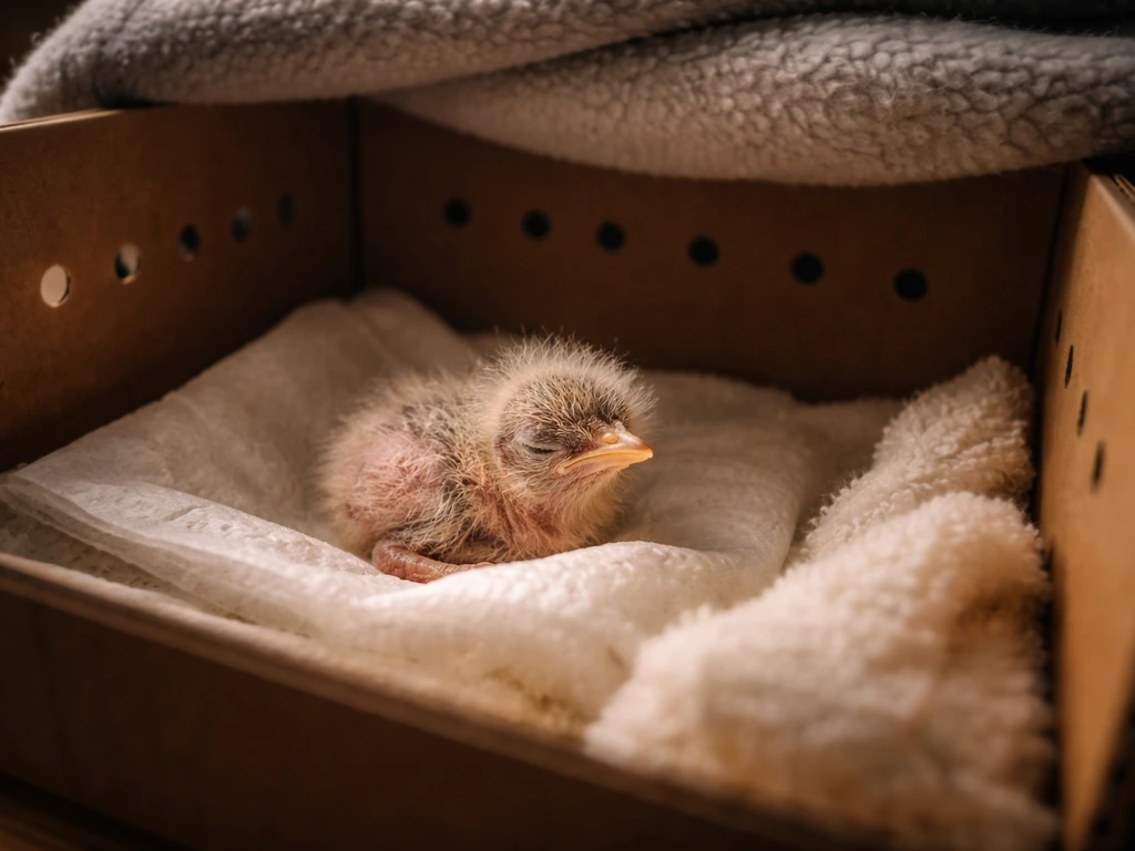Newly hatched bird inside a lined ventilated box with a nearby gentle warmth source and cover.