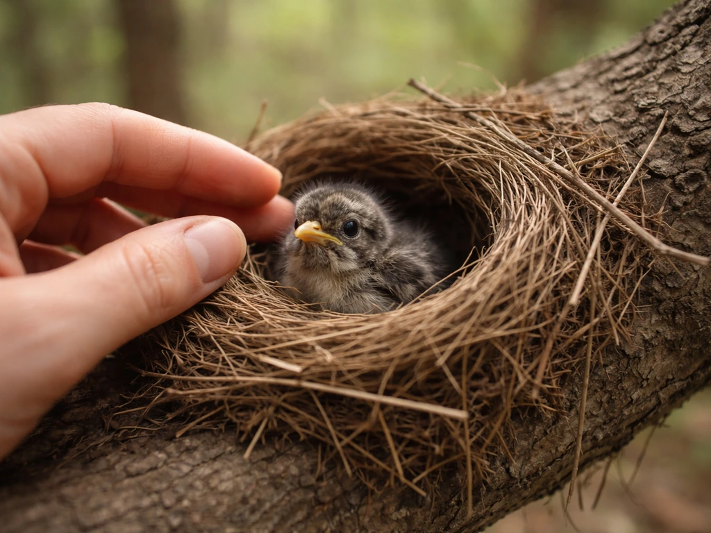 Careful hands returning a small chick near a nest on a branch, with adults not visible.
