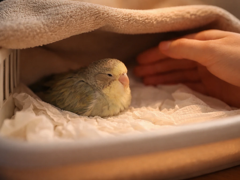 Small bird resting calmly on warm bedding in a quiet recovery carrier, suggesting safe humane care.