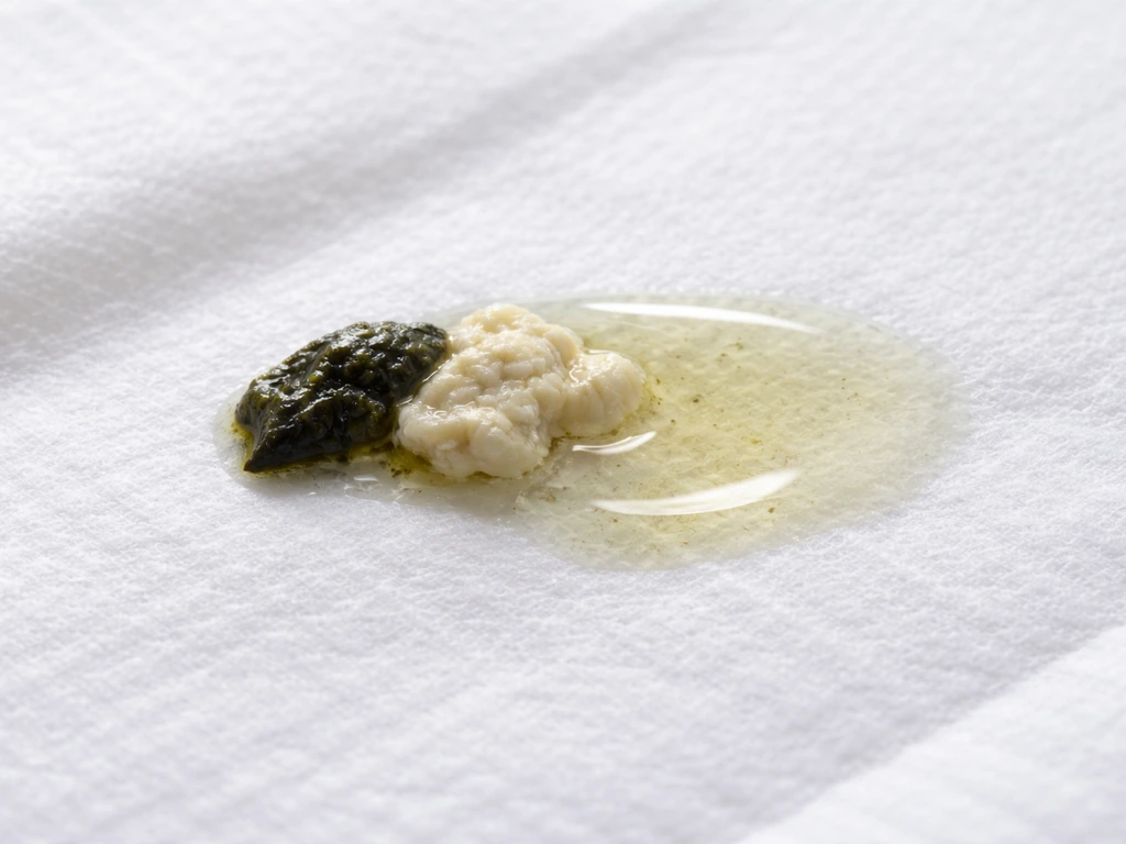 Macro close-up of three-part bird droppings: dark feces, off-white urate, and clear urine.