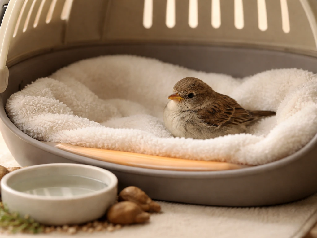 A small bird rests in a warmlined carrier with fresh water nearby in a calm indoor setting.