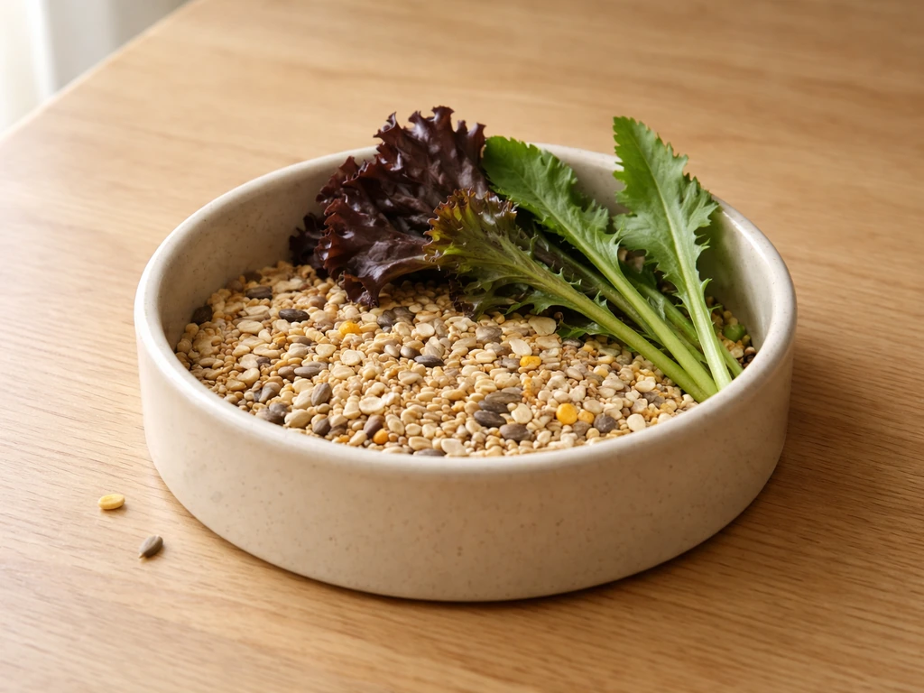 Mixed bird seed in a dish with fresh dark leafy greens on a wooden table, no birds visible.